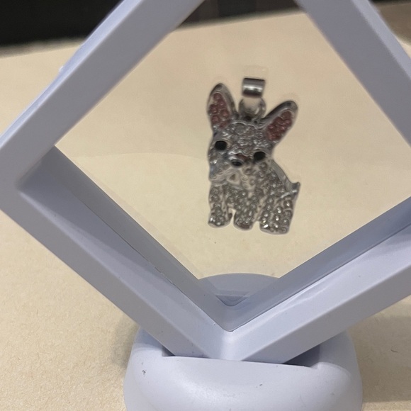 French Bulldog Silver Crystal Pendant Necklace - Pink Ear Accents display case - Picture 6 of 10